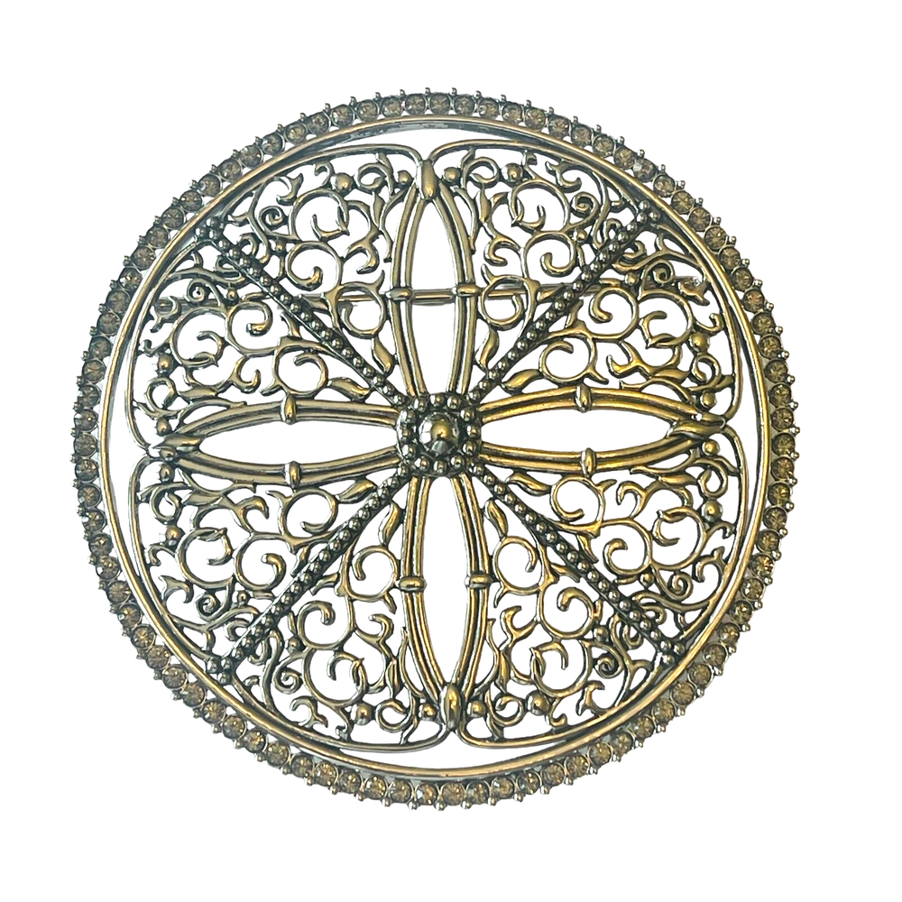 Interchangeable Belt Buckle Rhinestones Silver Tone Round Filigree Flower Cross