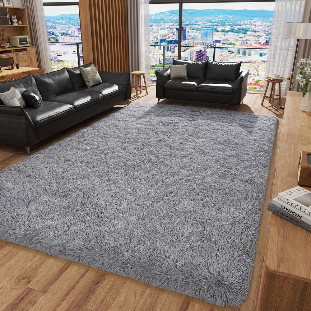 Modern Grey 5x8 Fluffy Shag Rug for Living Room or Bedroom
