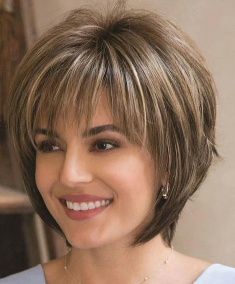 Hair Wigs with Bangs Dark Brown Highlight Blonde Pixie Cut Wig Synthetic
