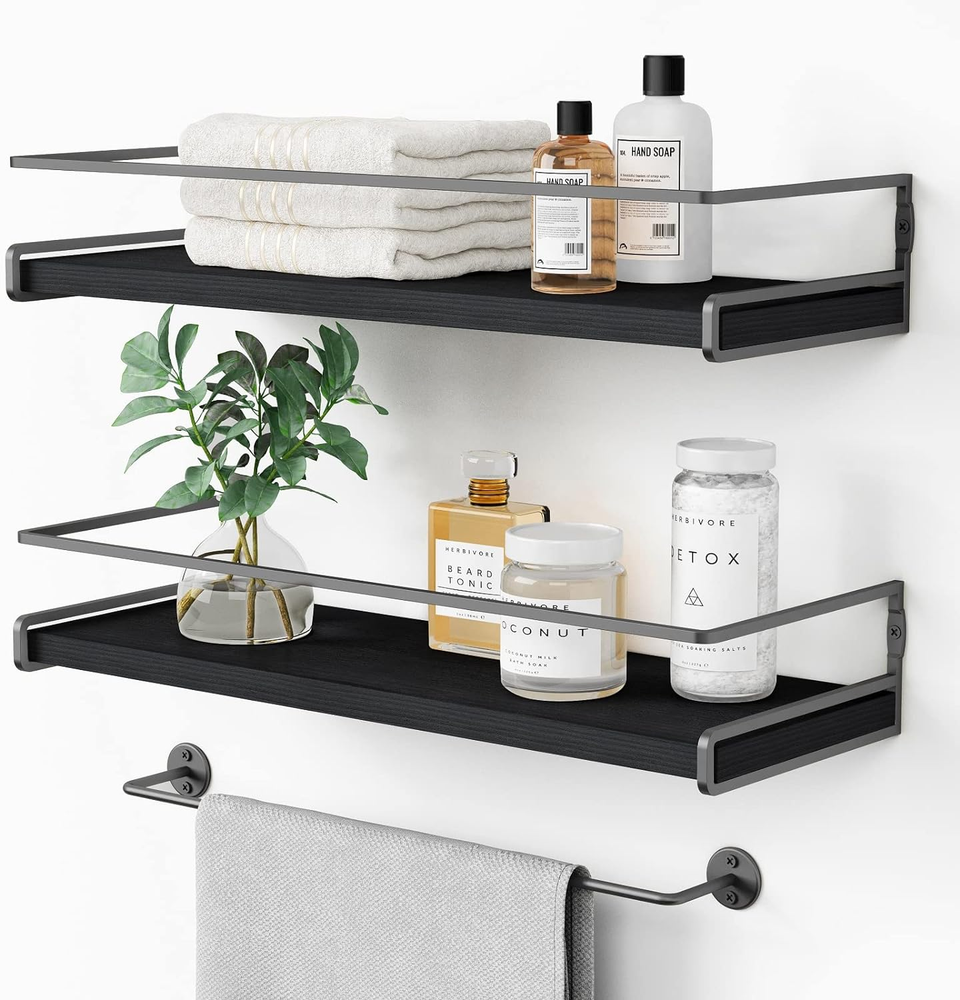 Black Floating Shelves for Bathroom Wall Set of 2, Kitchen Spice Rack Wall Mount