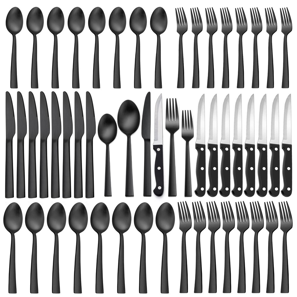 48-Piece Matte Black Stainless Steel Flatware Set with Steak Knives