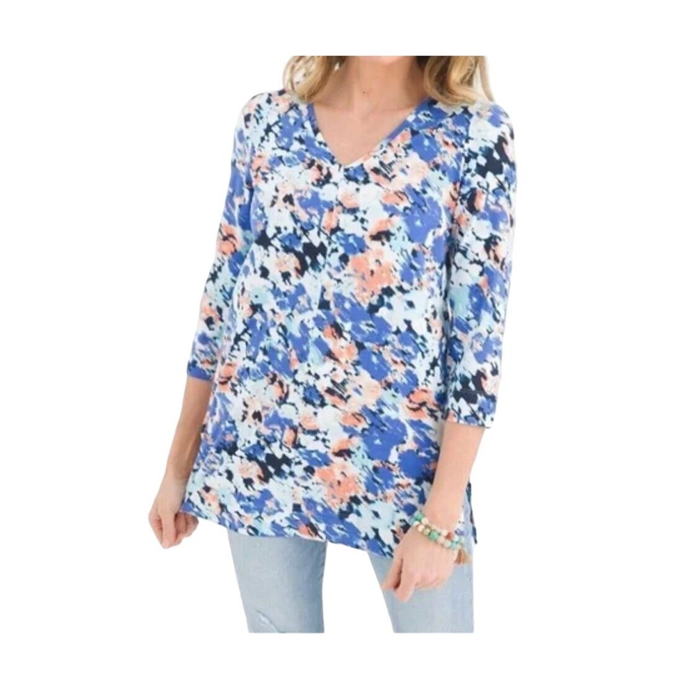 Chicos Top Women L Blue V Neck Tunic Orange Floral Jersey Pullover 12 Plus