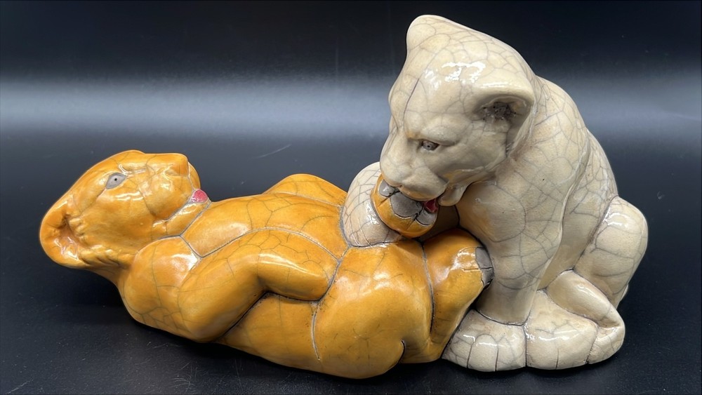 Raku lion cubs playing figurine/statue signed South Africa 10.5” L