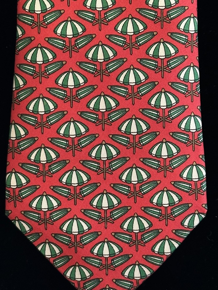 HERMÈS Men's 100% Silk Necktie LUXURY Red Green White Beach Umbrellas W:3.5