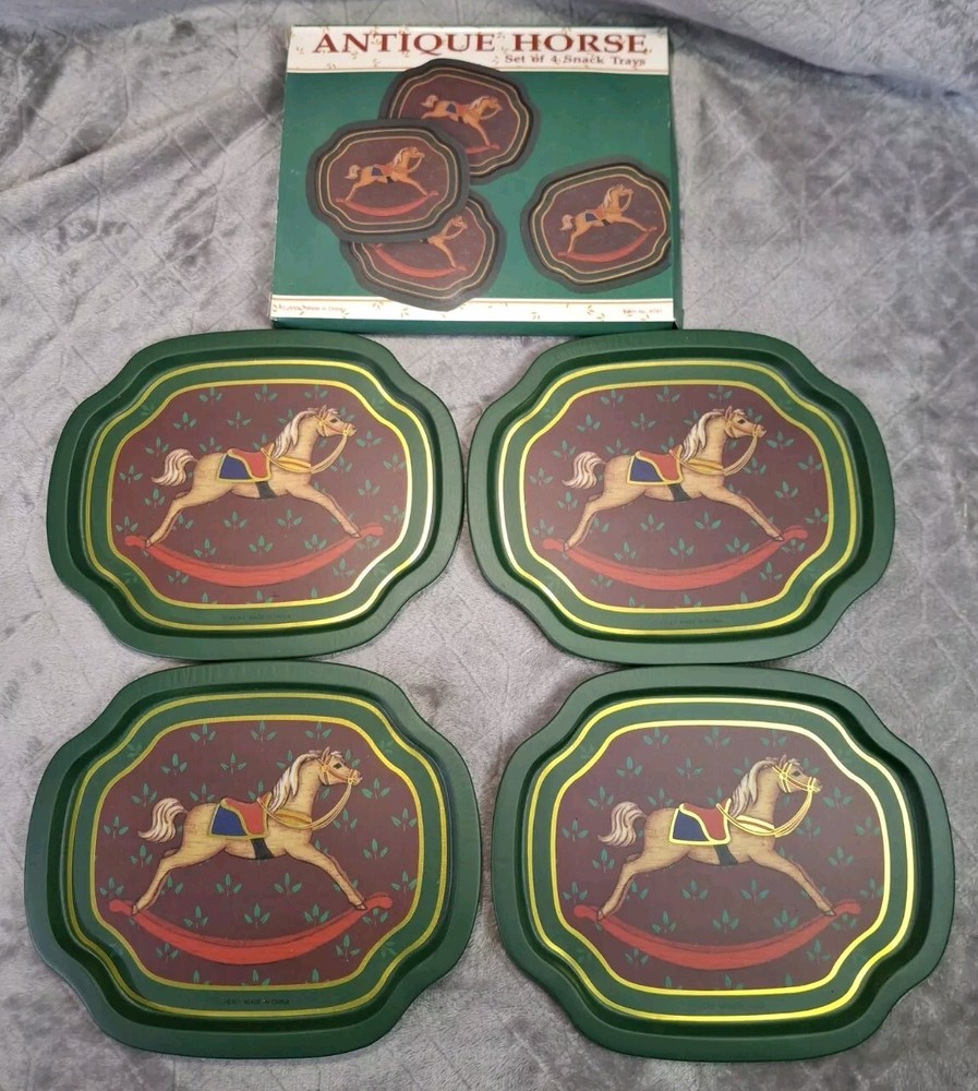 Vintage Rocking Horse Tin Snack Tray Set 4pc New Party Hostess Platter