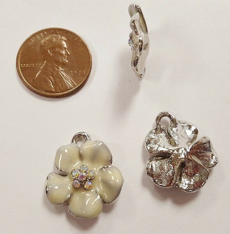 1 Retro Enamel Flower Crystal AB Rhinestone Silver 17mm. Bead Charm Pendant E220