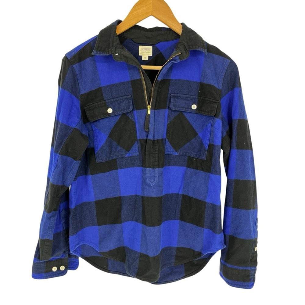 J.Crew Buffalo Plaid Collared half zip Flannel Shirt Blue Black - Size XS