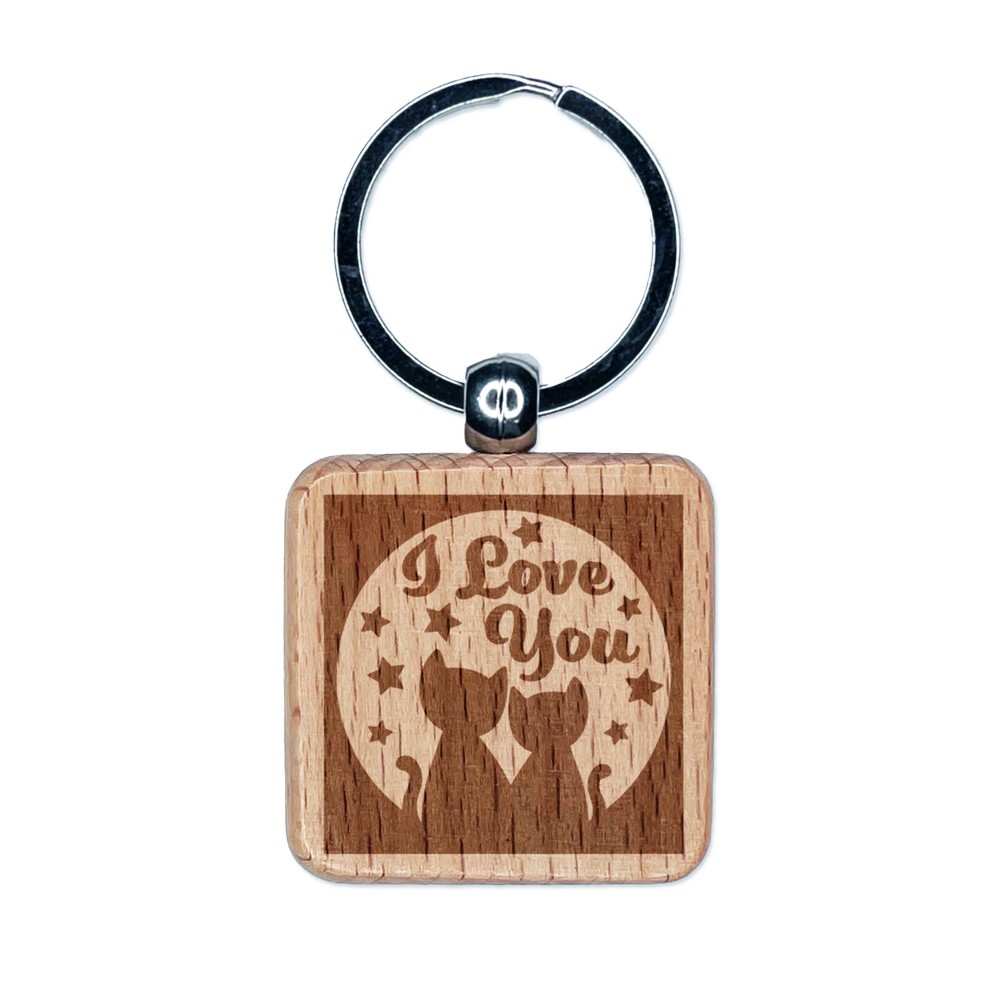 I Love You Moon and Stars Cats Engraved Wood Square Keychain Tag Charm