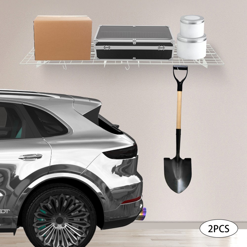 2PACKS 400LBS Garage Shelving with Hooks, Garage Storage Rack, Garage Wall Shelf