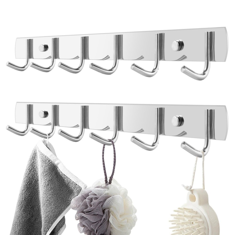 Coat Rack Wall Mount, (2-Pack) 6 Hooks for Hanging, Stainless Steel Wall Hooks