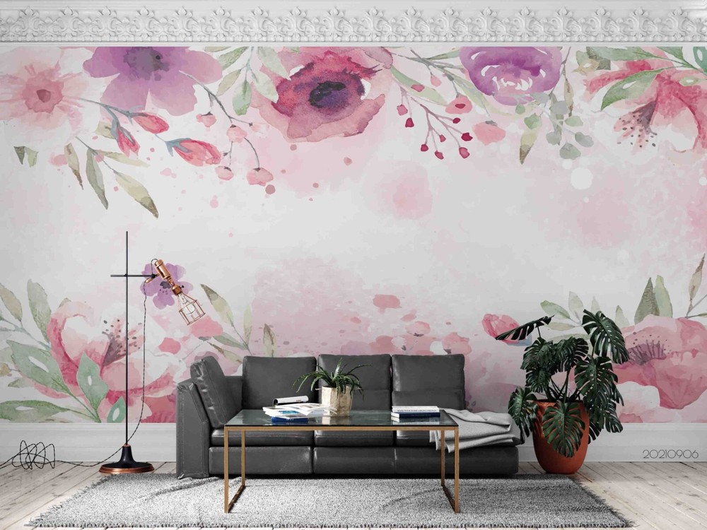 3D Watercolor Pink Floral Wall Murals Wallpaper Murals Wall Sticker