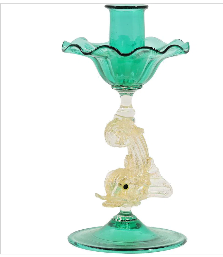 VNTG Murano Green Aventurine Venetian Art Glass Figural Dolphin Candle Holder 8