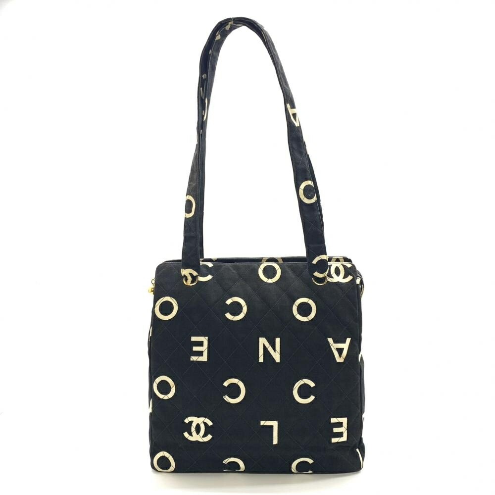 Chanel Logo Coco Mark Tote Bag Canvas Black Gold Hardware Used