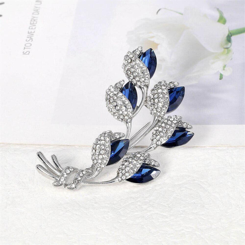 Women Vintage Blue Crystal Brooch Fashion Plant Flower Brooches Rhinestone Pins
