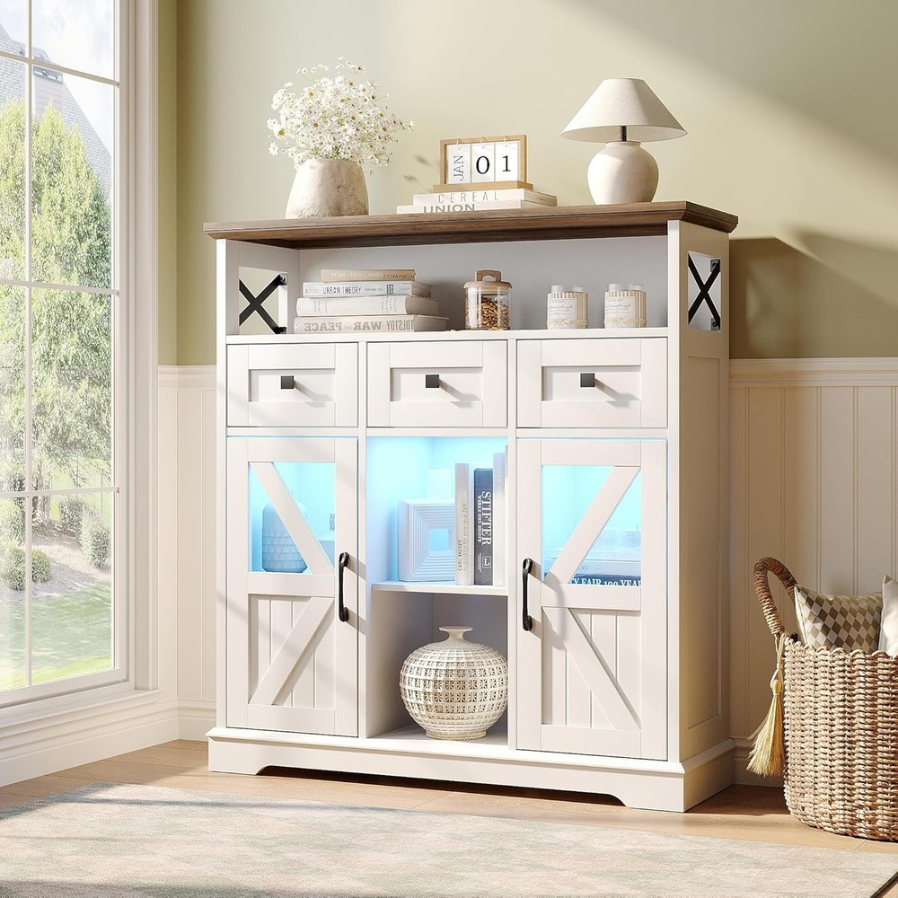 Farmhouse Style 37-inch Buffet Cabinet with Drawers, Storage & LED Lighting