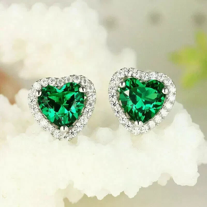 4Ct Heart Cut Green Moissanite Stud Earrings in 14K White Gold