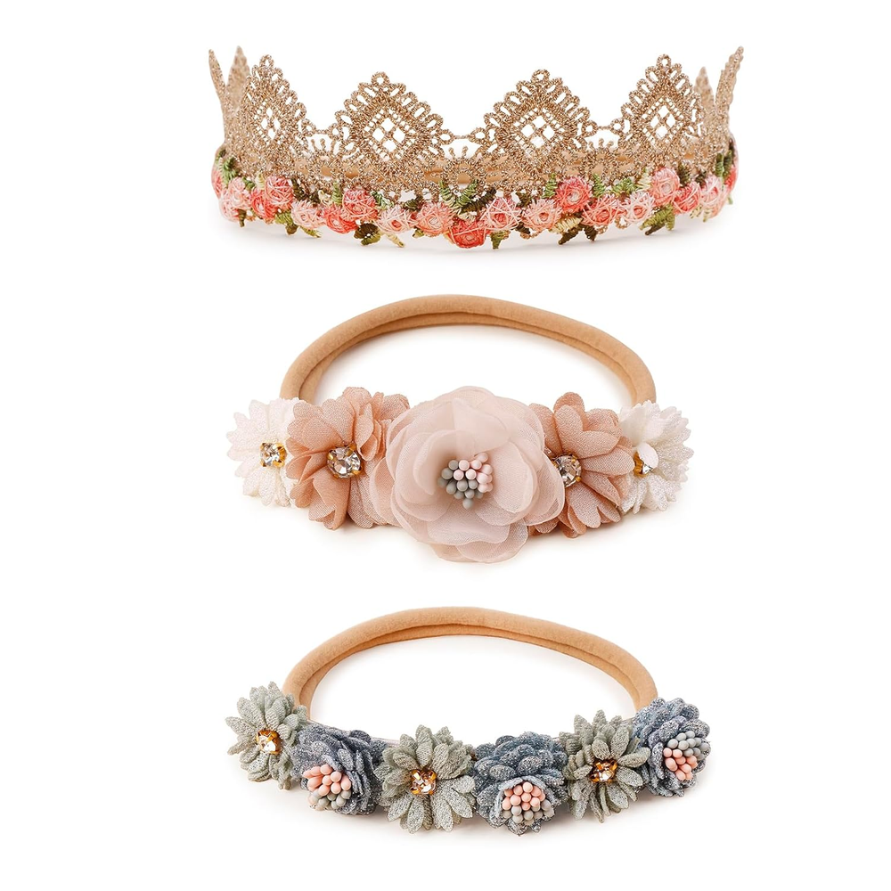 Baby Girl Floral Headband Nylon Flower Crown Elastic Hairband 3Pcs Hair Accessor