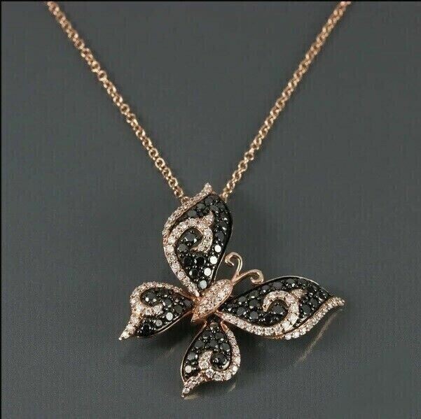 1.50Ct Round Cut Simulated Black Diamond Butterfly Pendant 14K Rose Gold Plated