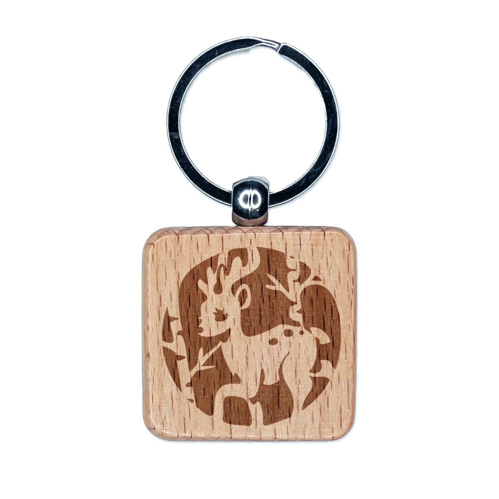 Reindeer in Birch Forest with Trees Engraved Wood Square Keychain Tag Charm