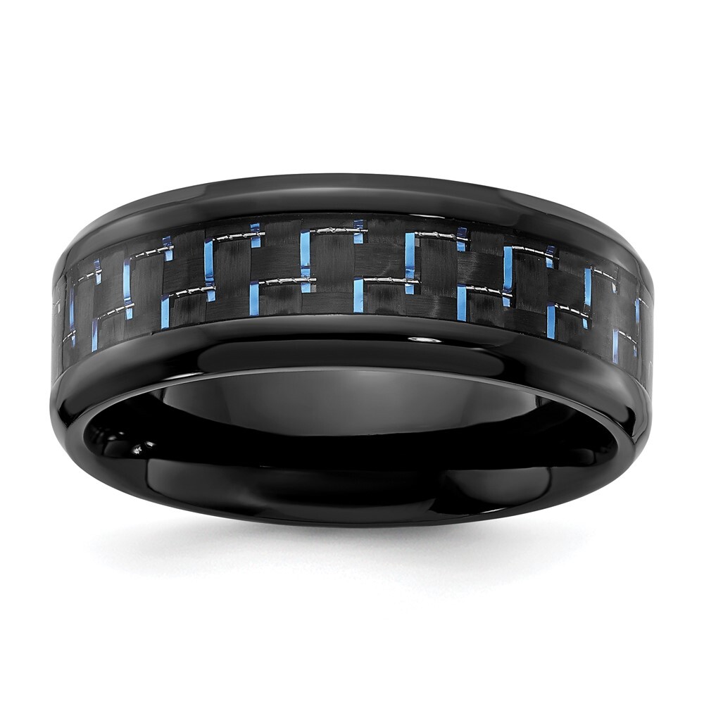 Black Titanium  with Black and Blue Carbon Fiber Inlay 8mm Band Ring Size 10