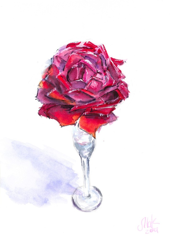 Rose in Vase Watercolor Flower Original Painting Floral Artwork 12x8''