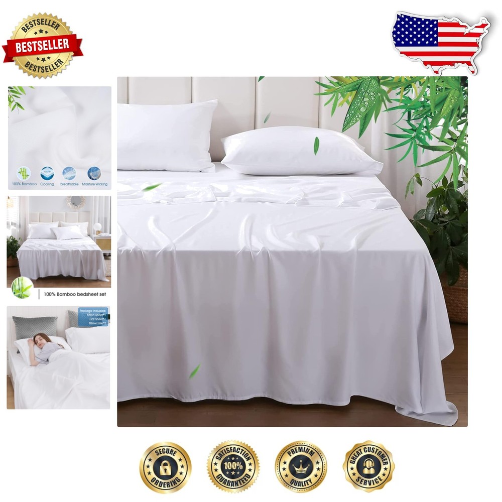 Queen Size Bamboo Cooling Sheets - Soft Breathable Machine Washable White  