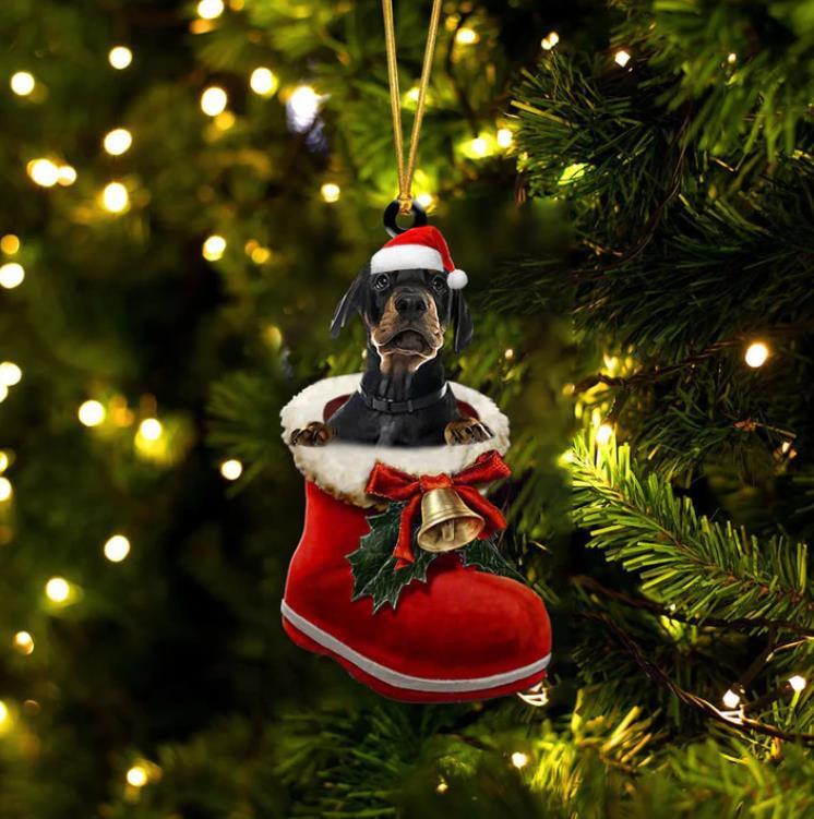Dobermann In Santa Boot Christmas Ornament