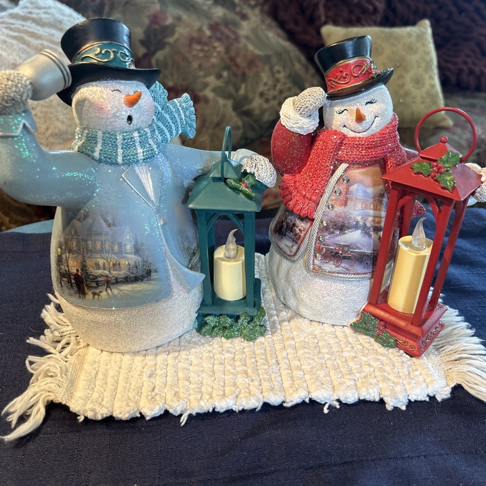 Pair Of Illuminating Holiday Snowmen W/Thomas Kinkade Art (Bradford Exchange)