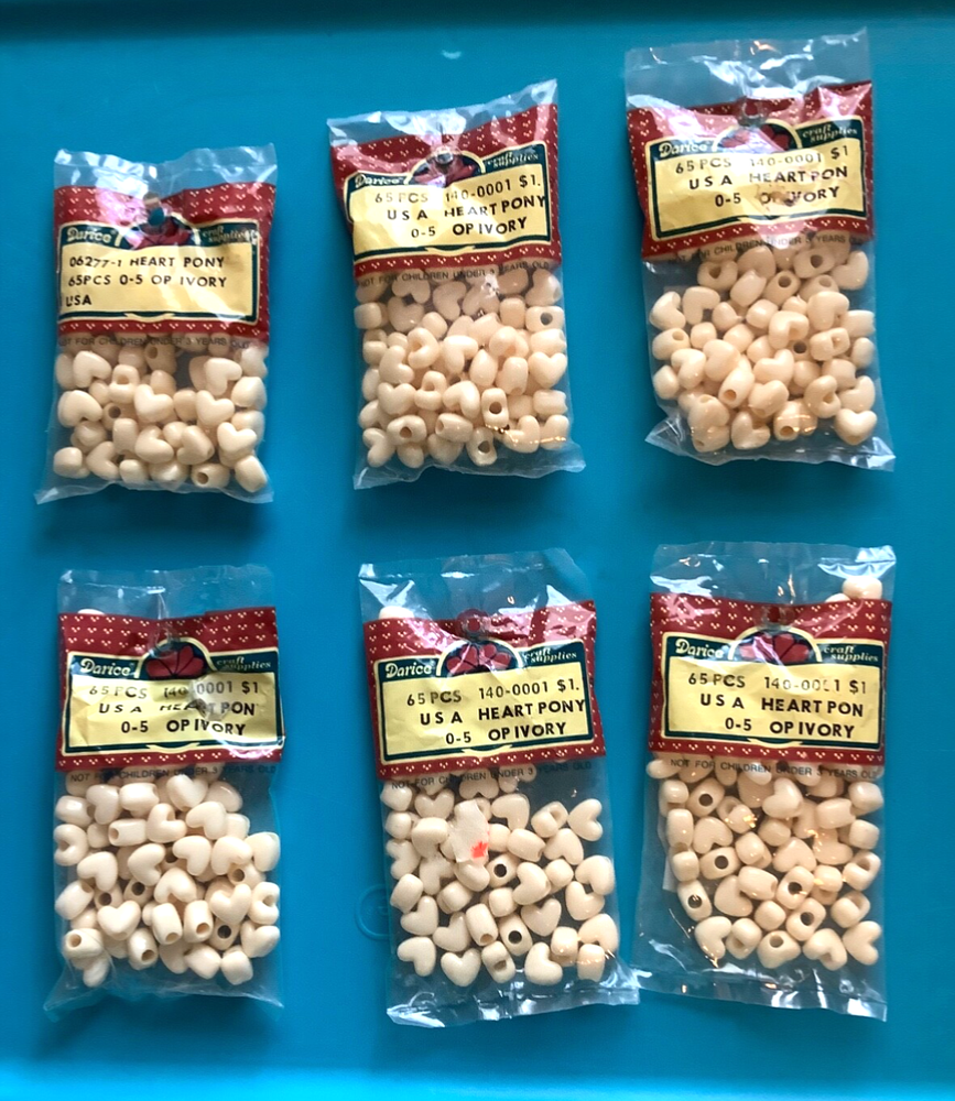 Darcie Vintage Ivory Heart Pony Beads Lot of 390 Pieces 6 Packages USA New NIP