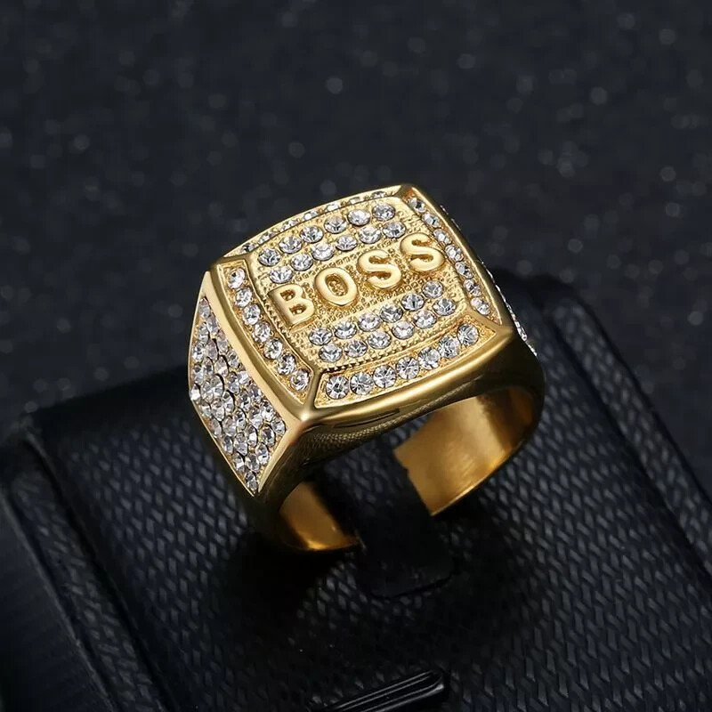 Classic 14k Yellow Gold Plated BOSS Letter Ring with Lab Diamond for Men  
