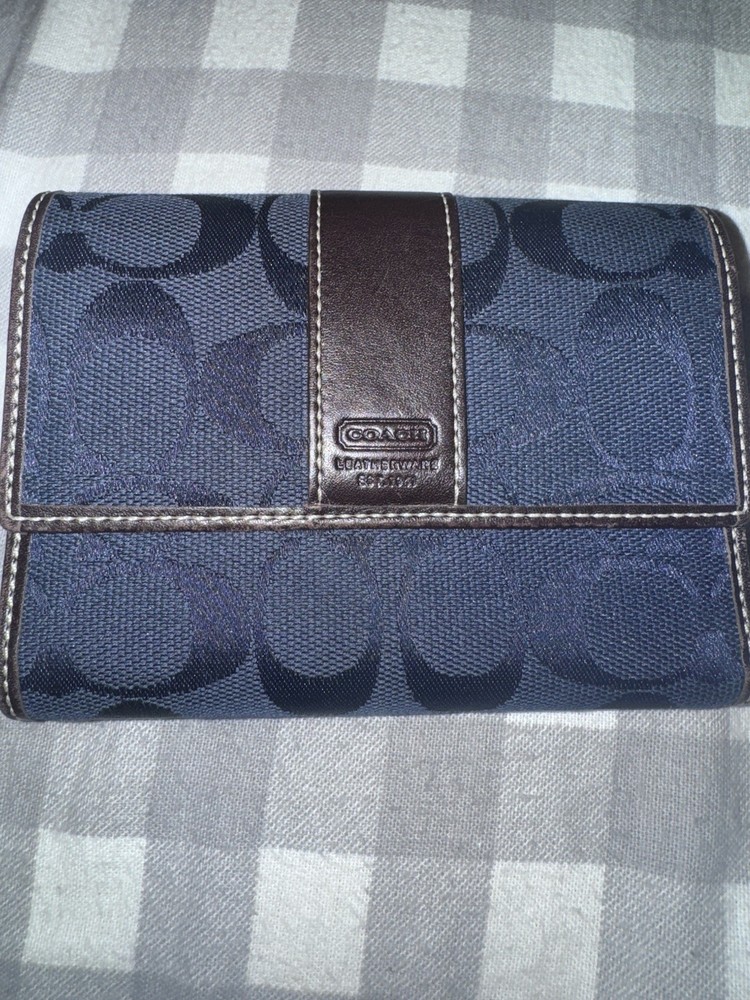 Coach Women’s Navy and Dark Brown Signature Trifold Wallet