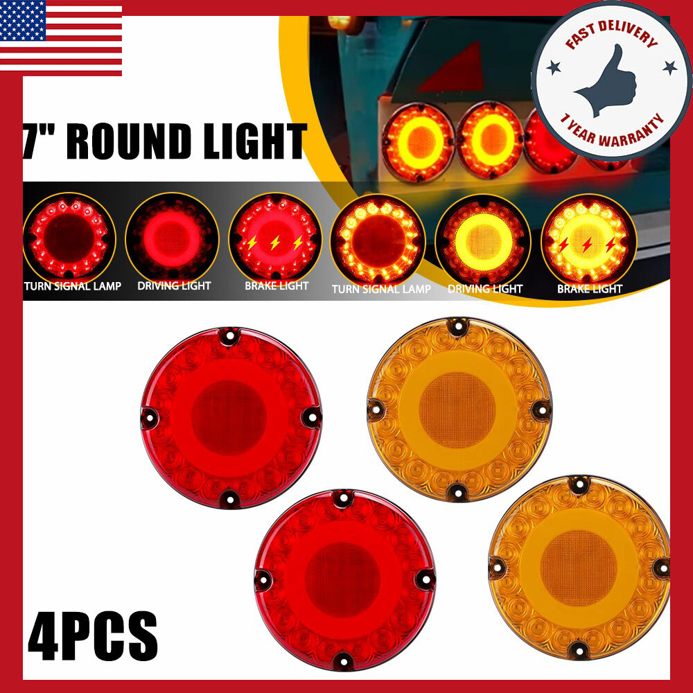 4Pcs Yellow Red Truck LED Trailer Bus Brake Stop Turn Signal Tail Light QLL