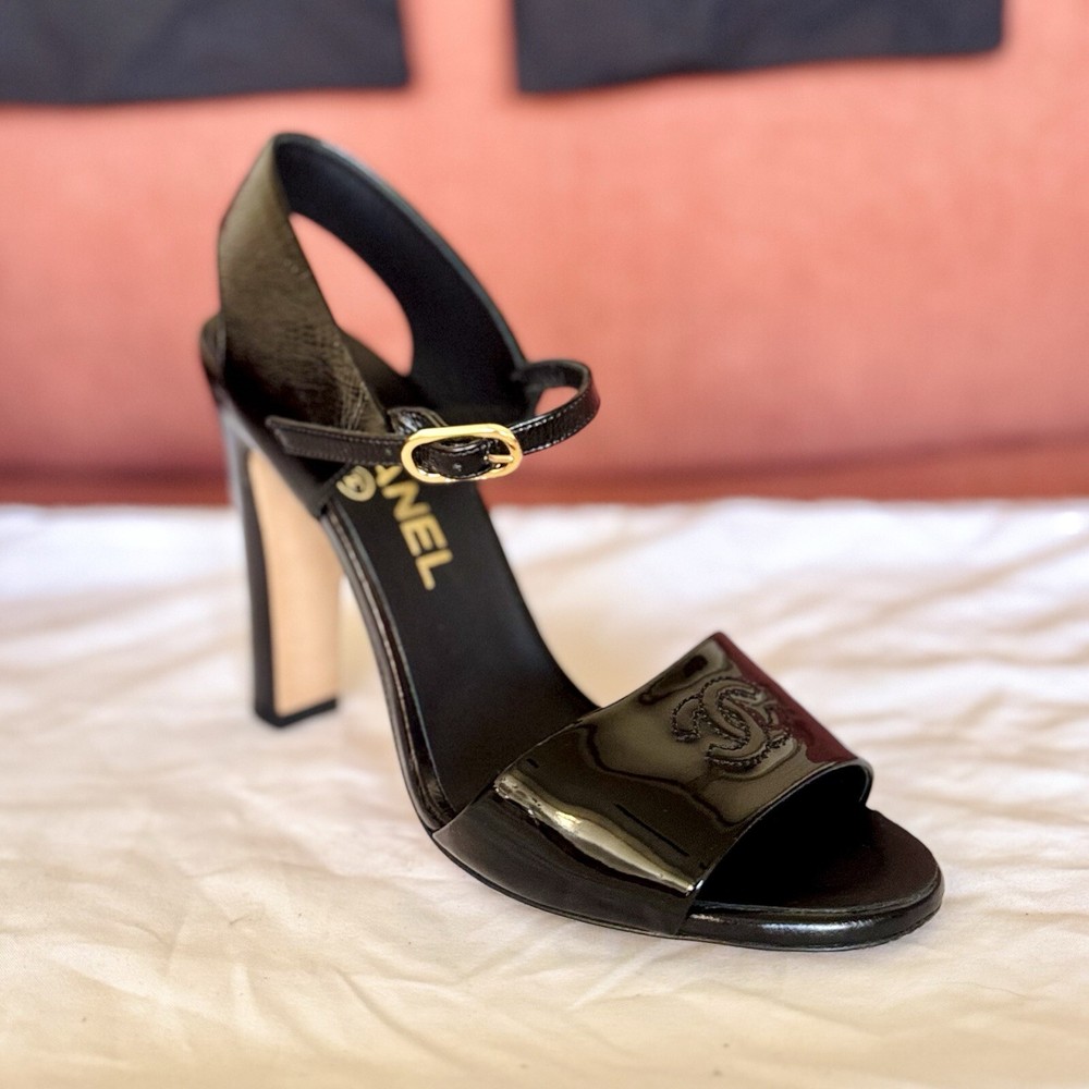 Chanel Leather Open-Toe Ankle Strap Heels in Black EU36/US6 (MSRP $1250)