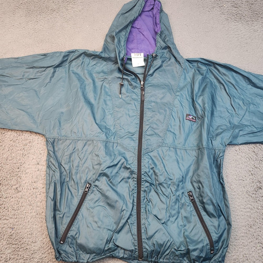Vintage Helly Hansen Jacket Mens Medium Green Purple Hooded Windbreaker 90s