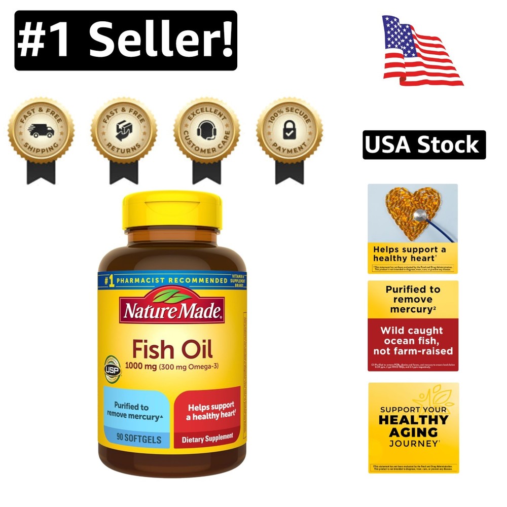 High-Potency Fish Oil Omega-3 1000mg Softgels for Adults - 90 Count 45-Day Supply