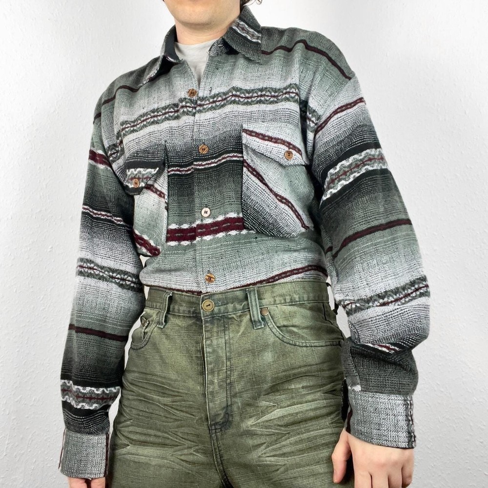 Vintage Grunge Flannel Overshirt Shirt Chunky Knit Striped Geometric Pattern 90s