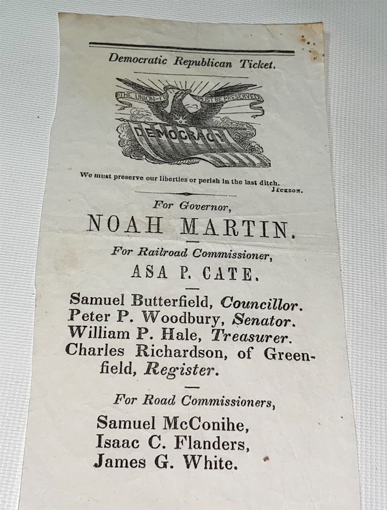Rare Antique American Democratic Republican New Hampshire Governor Ticket! 1852!