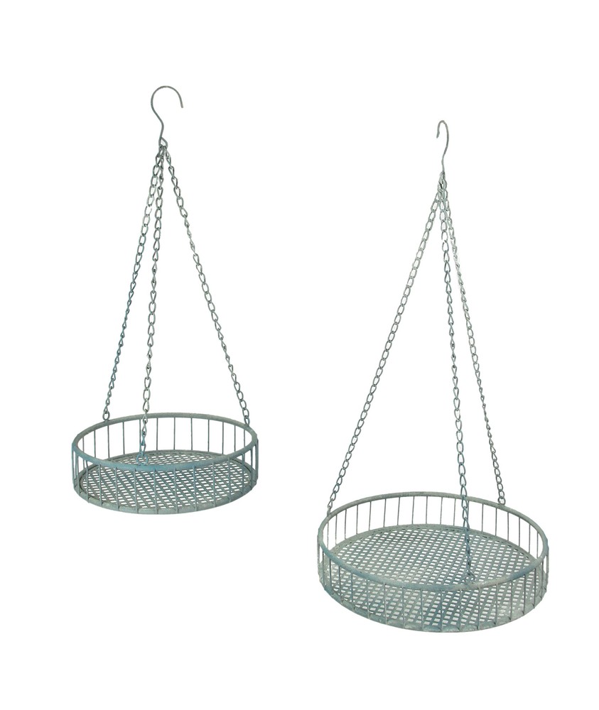 Set of 2 Weathered Gray Metal Mesh Hanging Plant Stands Baskets