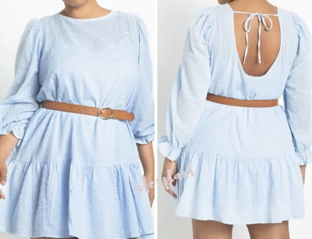 Eloquii Crepe Tiered Mini Dress Womens Size 14 Belted Light Blue textured New
