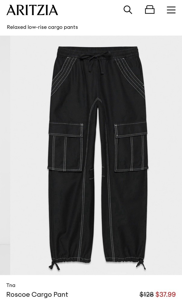 NWT Sz S Aritzia TNA Roscoe Cargo Jogger Pants Black W/ White Stitch relaxed