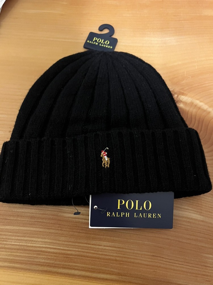 NEW Polo Ralph Lauren Men's Wool Blend Ribbed Knit Beanie Hat Black O/S