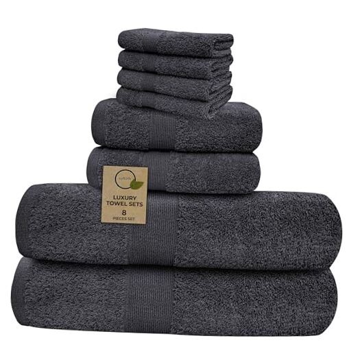Luxury 8 Piece Towel Set, 2 Bath Towels 2 Hand Towel Sets - Pack of 8 Grey