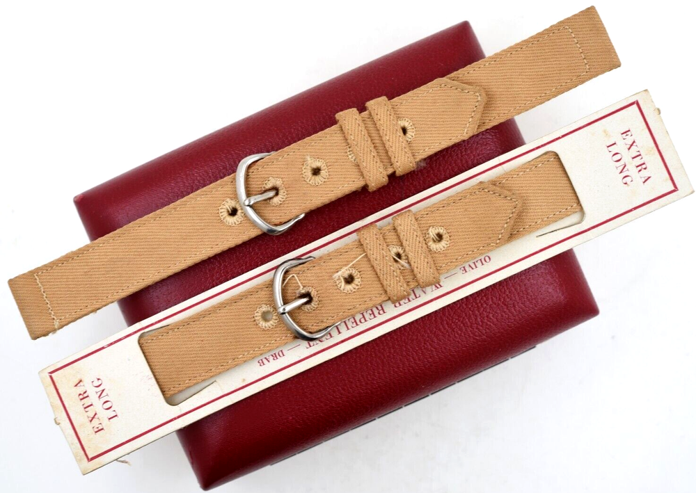 WWII Lot of 2 Extra Long Tan Canvas Military Watch Straps 16mm UN-Used