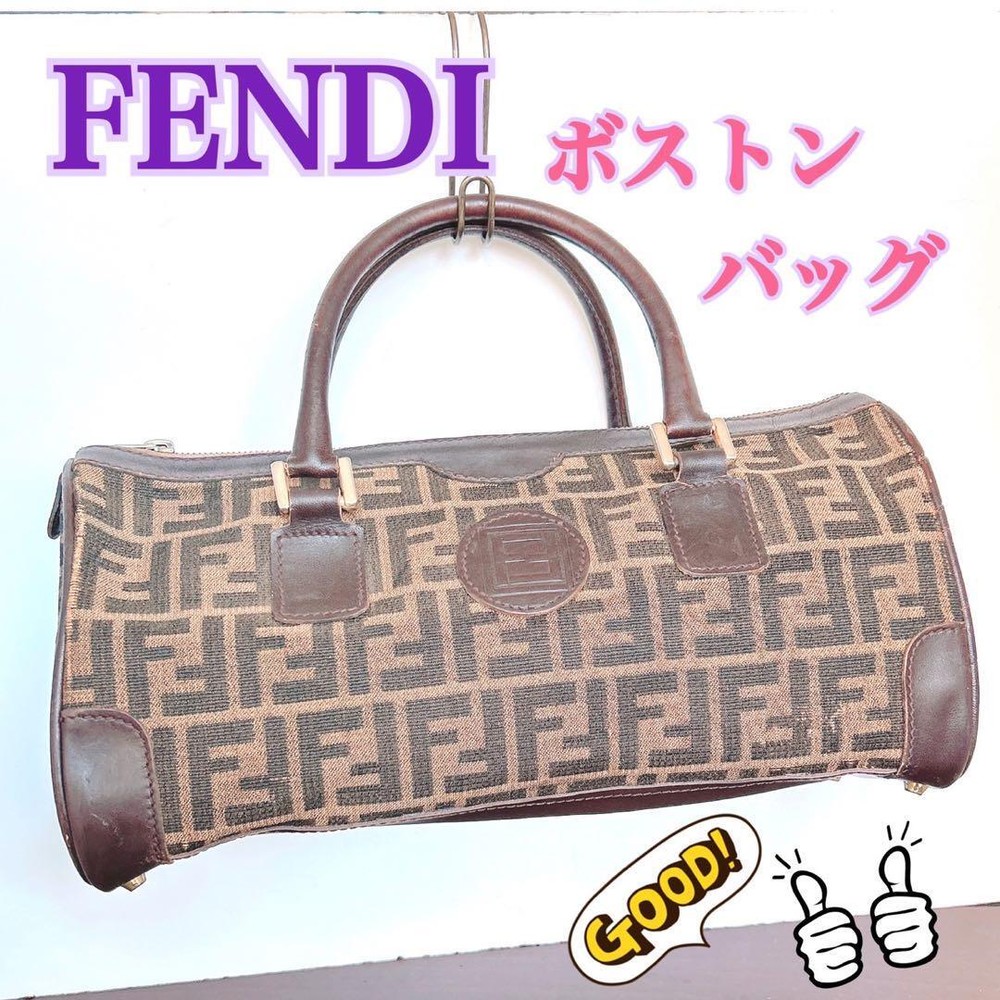 FENDI Mini Boston Bag FF Zucca Canvas Leather Brown Pre-Owned Authentic