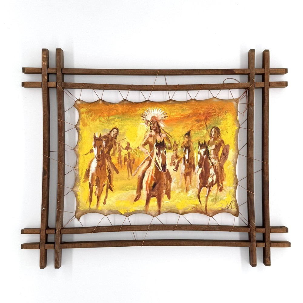 Native American Portrait Framed Leather Oil Painting Wall Art Decor
