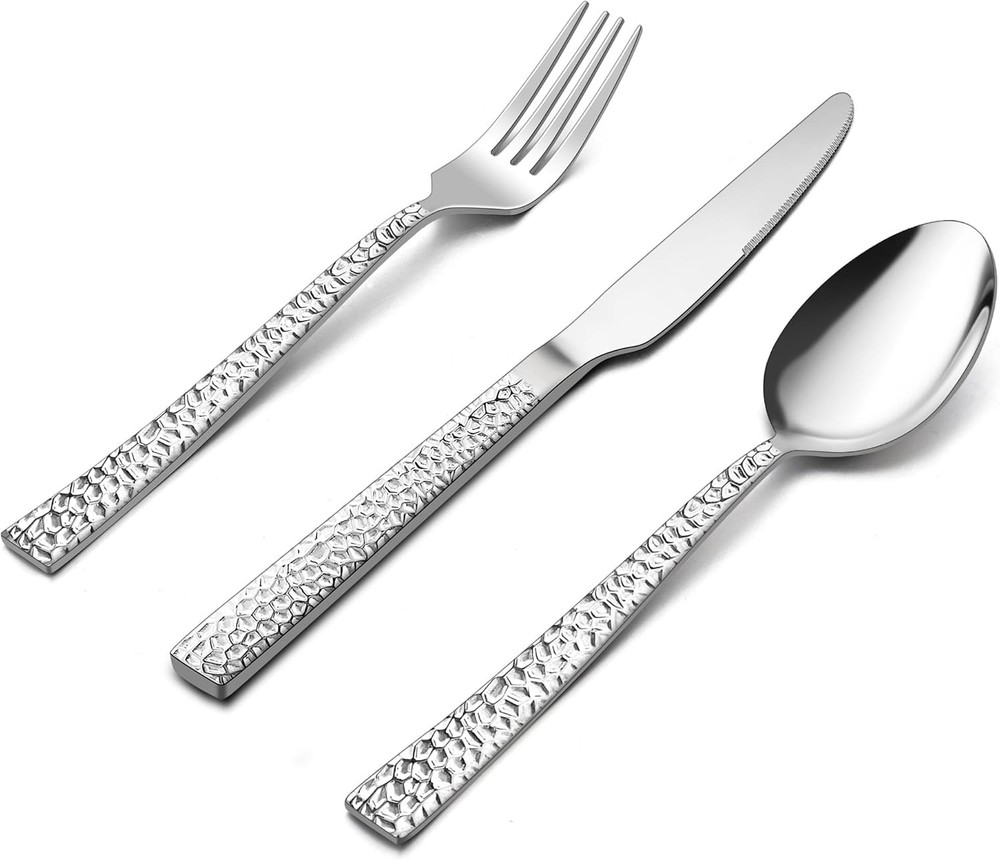 E-far 24-Piece Hammered Forks Spoons and Knives Set, Silverware Set Silver