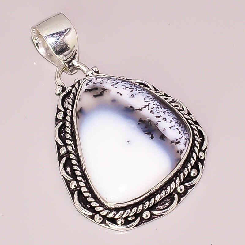 Natural Dendrite Opal Vintage Look  925 STERLING SILVER PLATED BOHO PENDANT