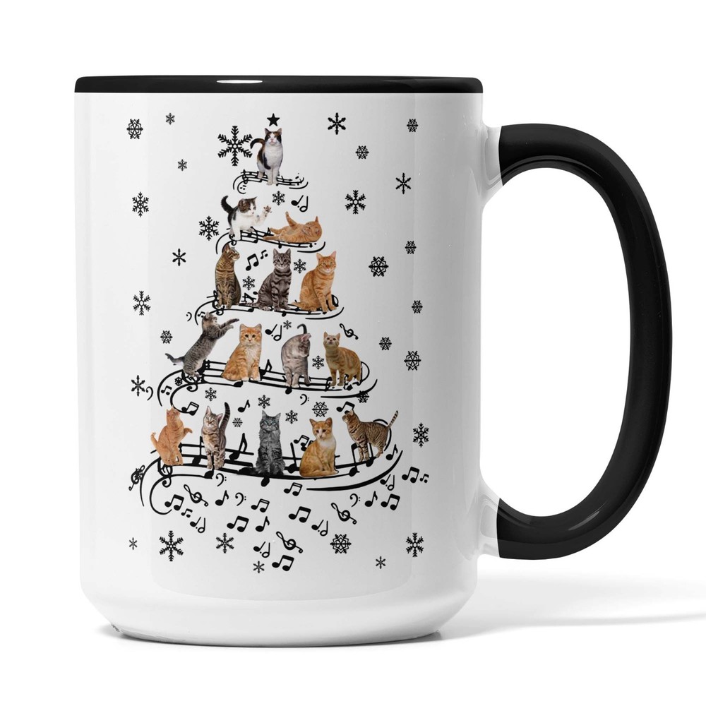 Cute Cat Mug with Music Note Christmas Tree Design - Fun Xmas Gift for Cat Lovers