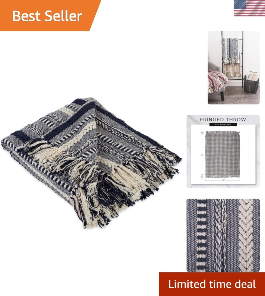 Machine Washable Navy Braided Stripe Decorative Throw, 50x60 - Easy Care Luxury