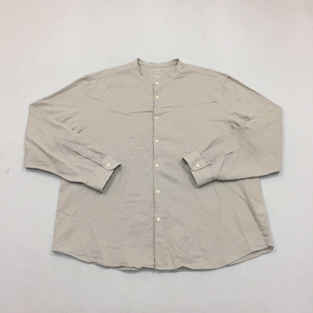 M&S Linen Mix Shirt Mens 3XL Button Up Long Sleeve Beige Grandad Collar (XXXL)